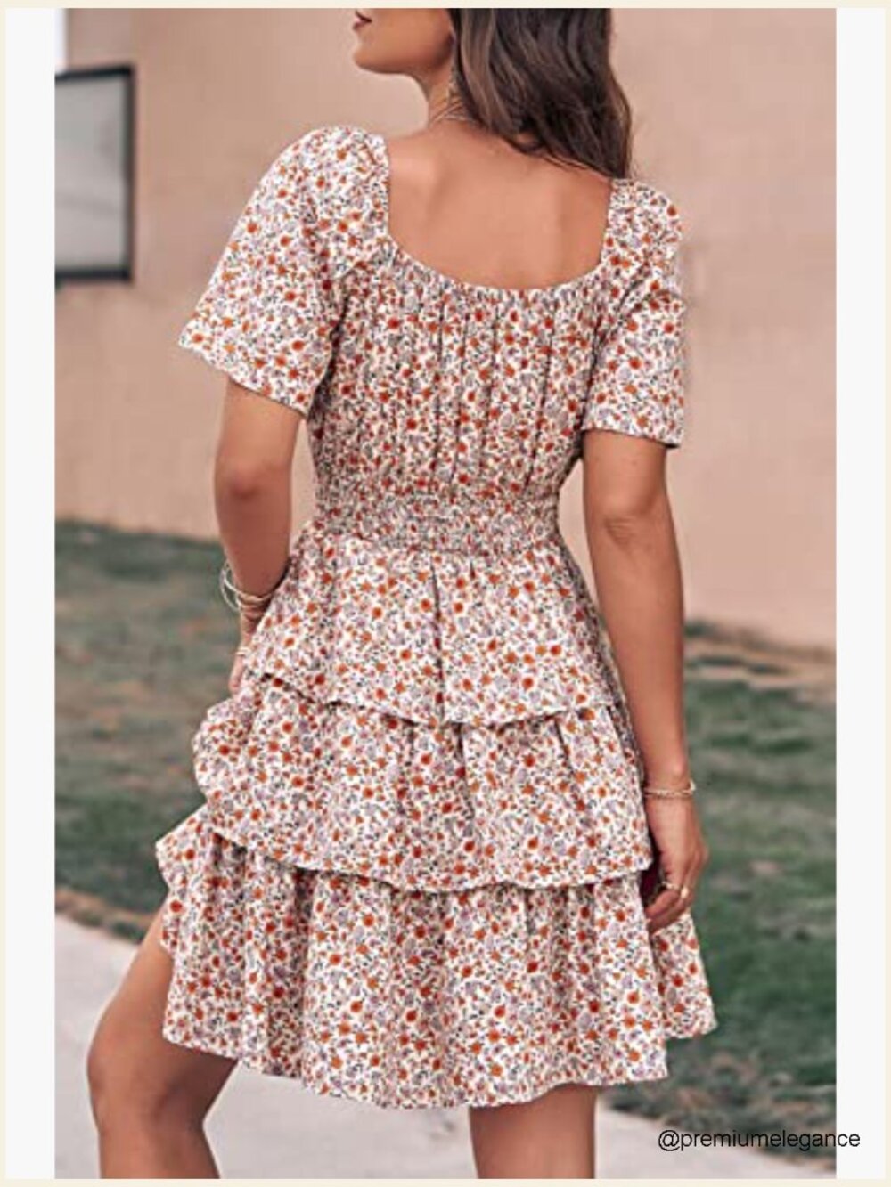 Floral Square Neck Short Sleeve Tiered Ruffle Boho Swing Mini Dress - Picture 3 of 7